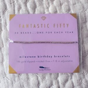 NIB LUCKY FEATHER 14K Gold Dipped Milestone 50th Birthday Stretch Bracelet